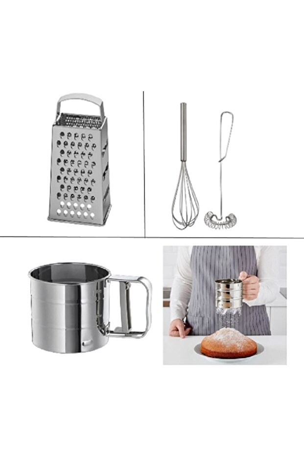3-Piece Stainless Steel Kitchen Set; Idealısk Grater, 2-Piece Whisk, Flour Sieve (4 Pieces)