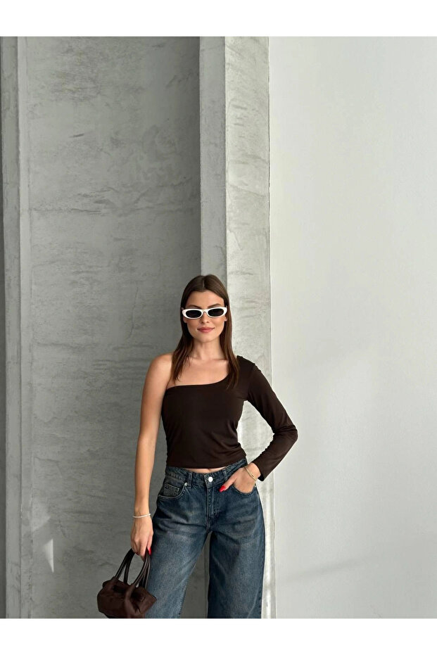 Women's Brown One Shoulder Long Sleeve Blouse