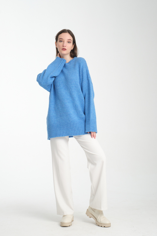 Oversize Basic Mavi Uzun Kadın Kazak - 5