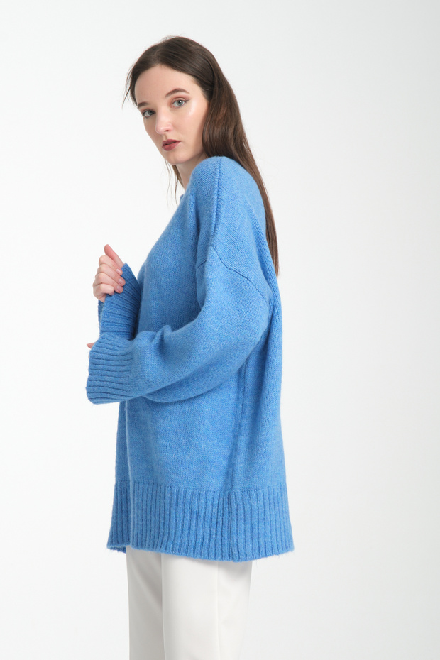 Oversize Basic Mavi Uzun Kadın Kazak - 4