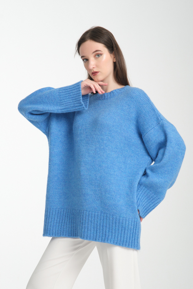 Oversize Basic Mavi Uzun Kadın Kazak - 3