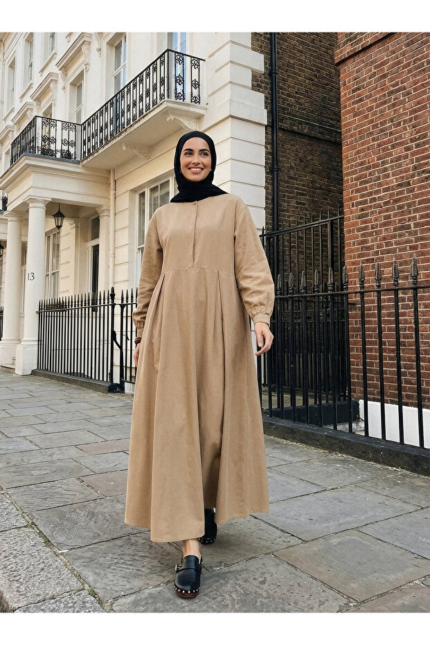 Linen Blended Hijab Dress with Placket Detail on the Front - Beige - Benin