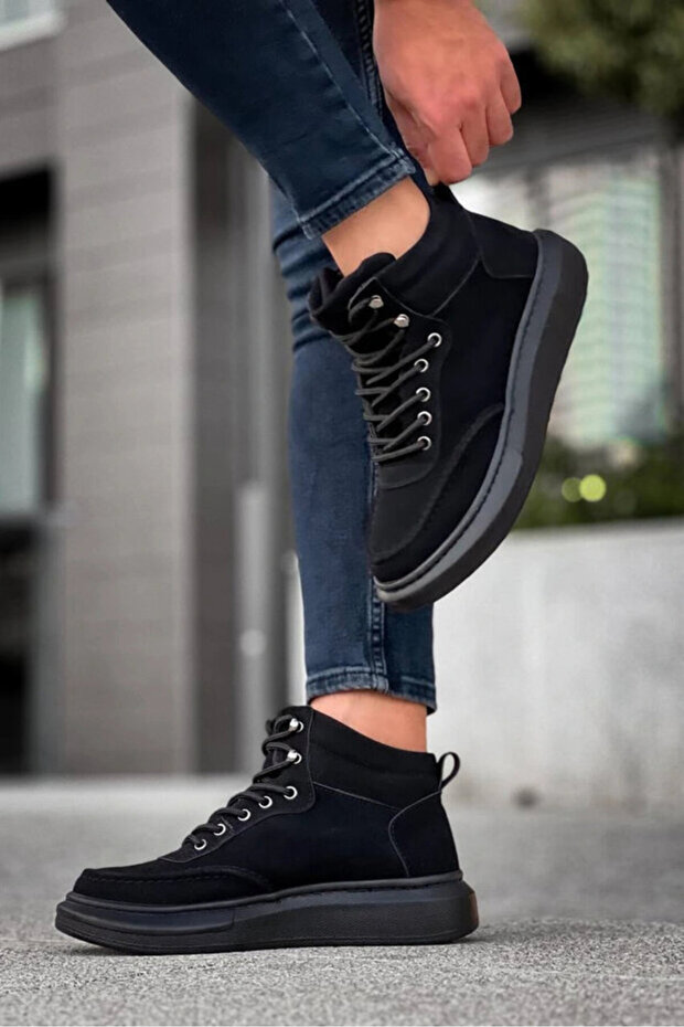 Lace-Up Black Suede Sport Style Men's Half Ankle Boots