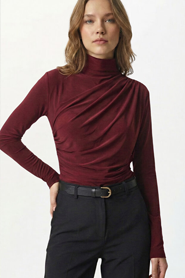 Women's Burgundy Drawstring Detailed Stand Collar Sandy Blouse