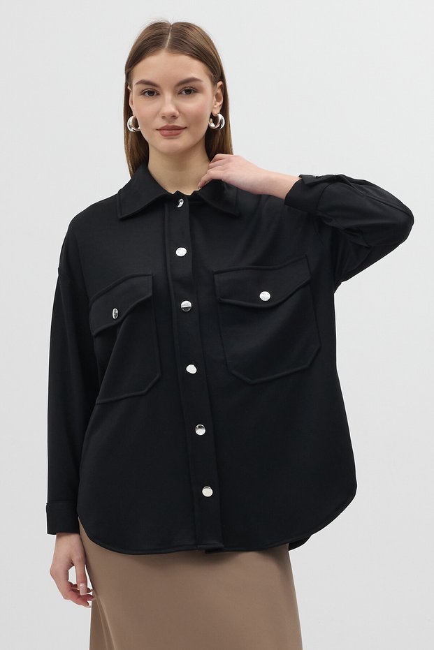 Black Large Pocket Jacket Collar Long Sleeve Women's Shirt 8108A