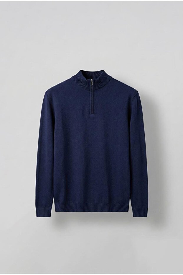 Men's Half Zipper Polo Collar Sweater Navy Blue
