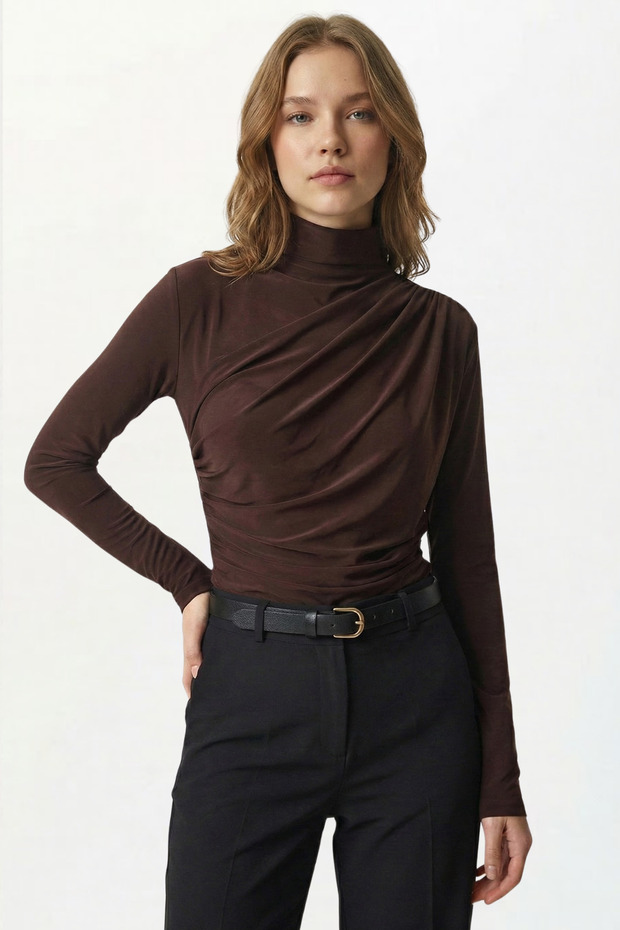 Women's Brown Drawstring Detailed Stand Collar Sandy Blouse