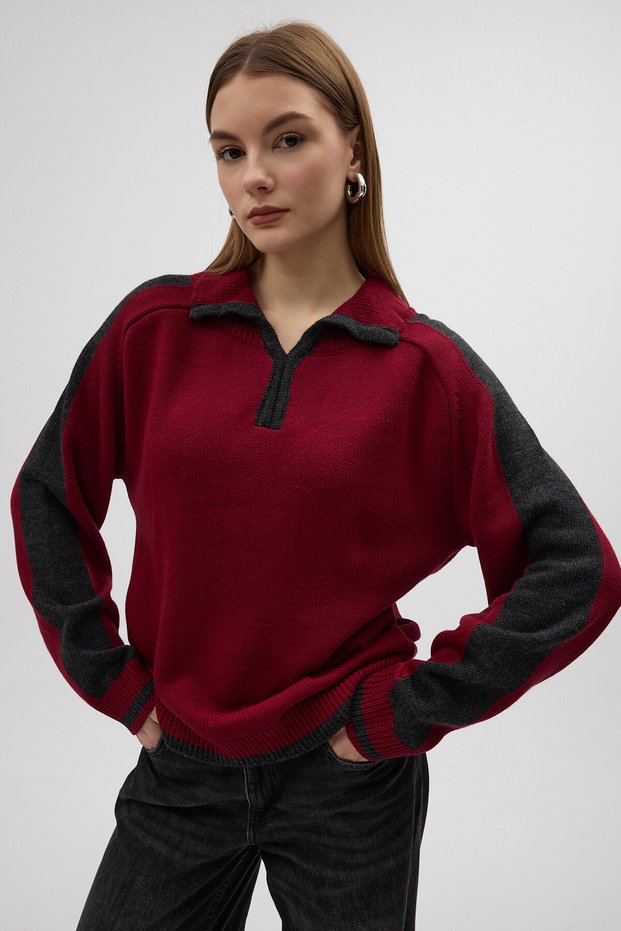 Burgundy Shoulder Detail Zipper Collar Women's Sweater 2233