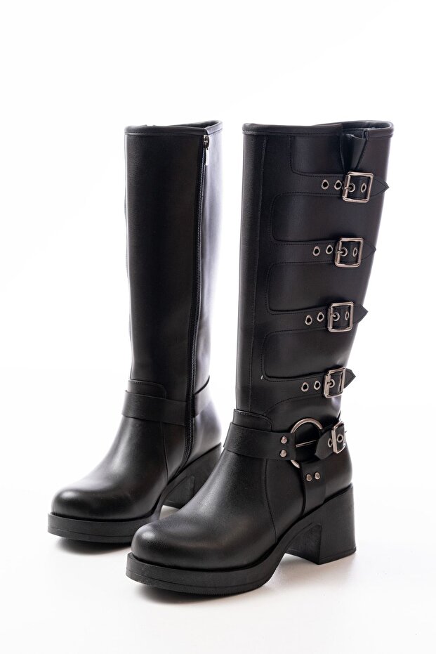 Zri̇n-3015 premium black heeled zippered buckle accessory women's boots