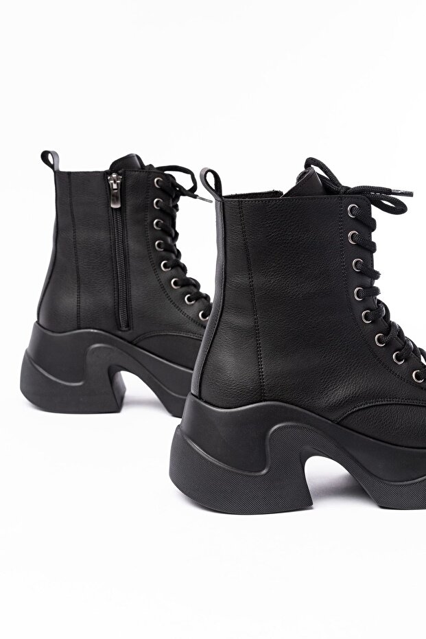 Fz-2550 Black High-Sole Lace-Up Zippered Daily Women's Boots