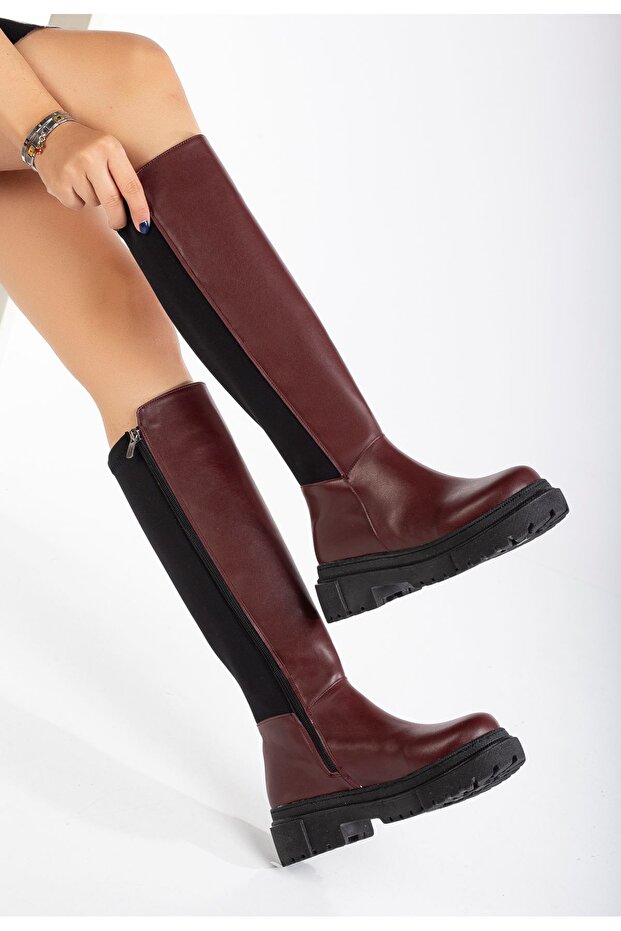Knee-High Premium Burgundy Women's Boots with Stretch Zipper on the Back