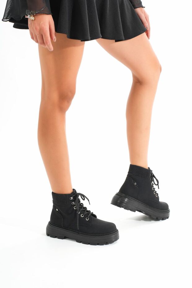 Zri̇n-2045 Premium Black Lace-Up Women's Casual Boots