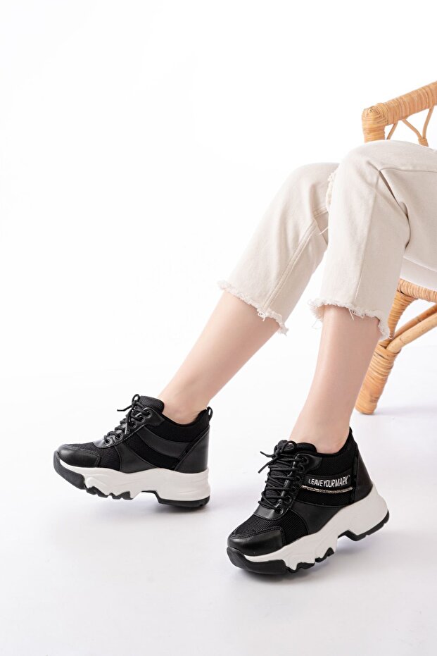 Zri̇nf-209 Premium Black Lace-Up Mesh Women's Sneaker with Stone Accessories