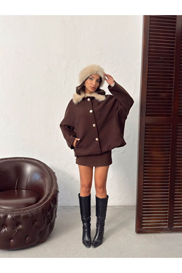 Fur collar stamp coat - 5