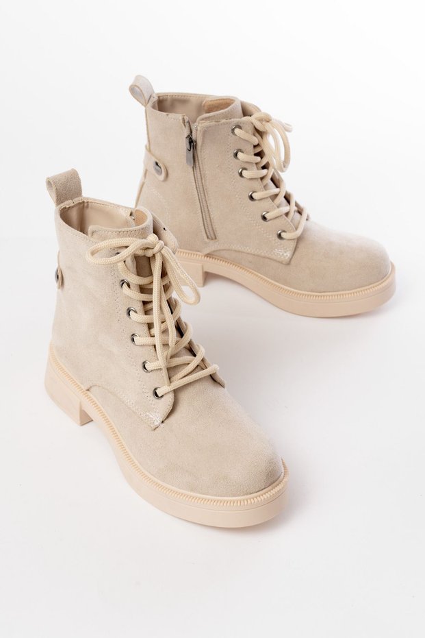 Zri̇n-2003 Premium Beige Suede Lace-Up Zippered Casual Women's Boots