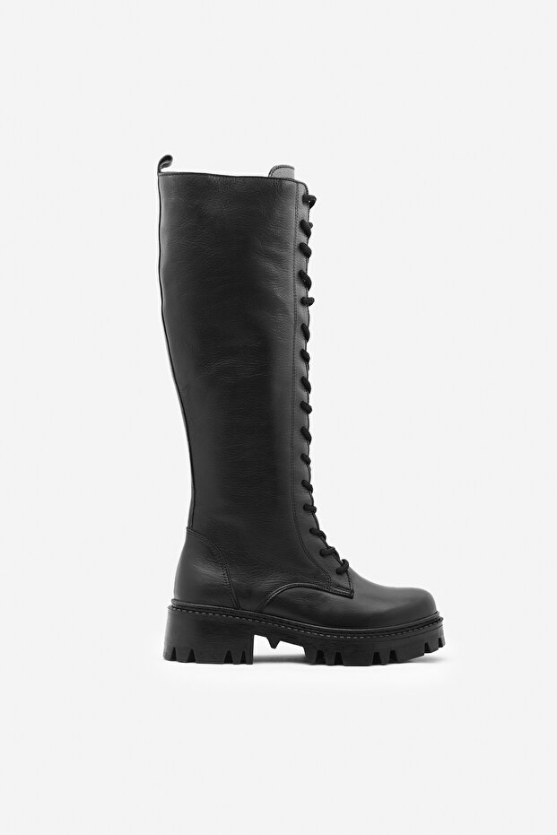Black Genuine Leather Lace-Up Side Zipper Women's Below-The-Knee Boots