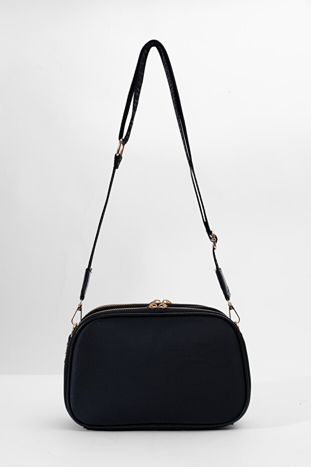 Dámska čierna 3-priestorová saténová kožená denná taška cez rameno s nastaviteľným stĺpikovým popruhom - 7