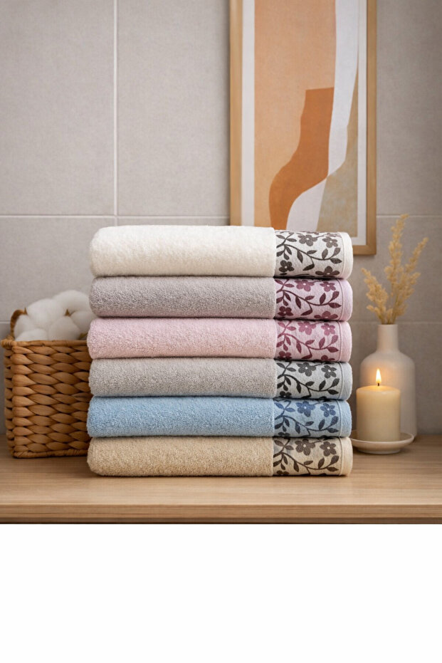 Daisy Patterned 50*90cm Set of 6 Hand and Face Towels - Towel Set - Dowry - Gift - Kitchen 100% Cotton