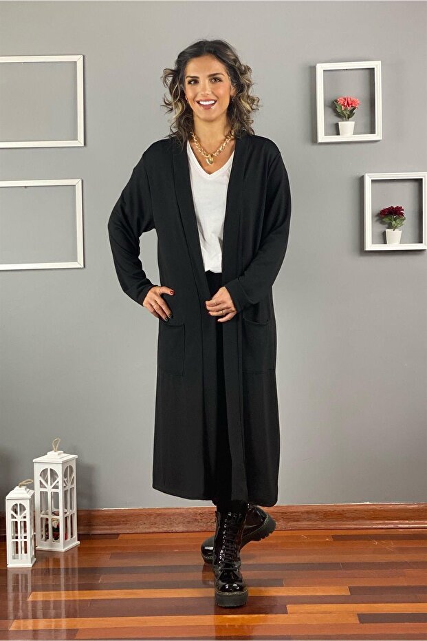 Siyah Uzun Boy Cift Cepli Basic Hırka - 4