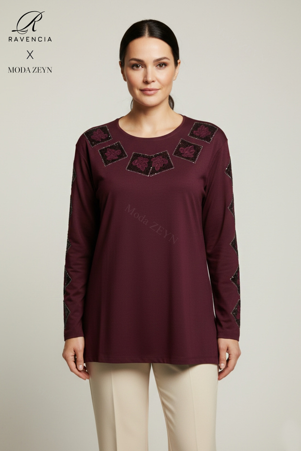 Women's Burgundy Square Patterned Stoned Slit Lycra Viscose Mother Combed Cotton Blouse
