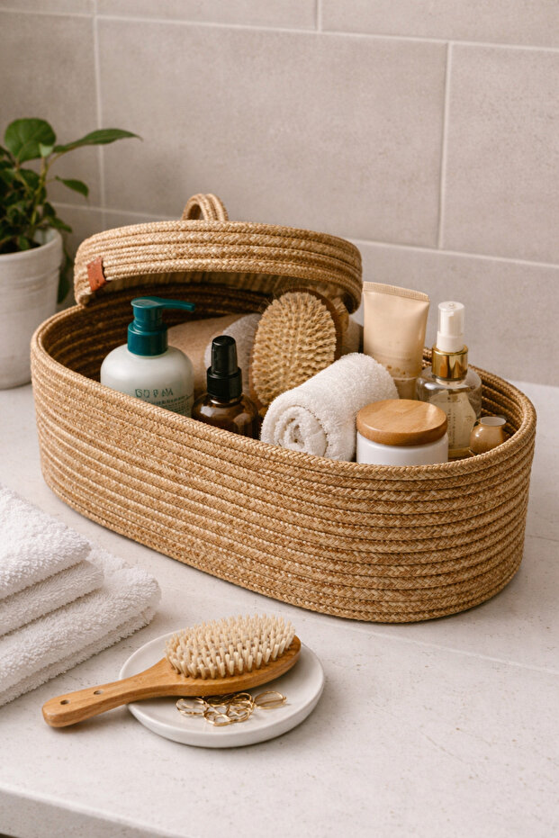 Jute Wicker Oval Covered Basket Organizer Decorative Basket Handmade Handwoven Basket