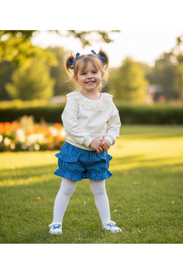 Girl's Lace Collar Ecru Sweatshirt & Checkered Shorts Skirt Two-Piece Set