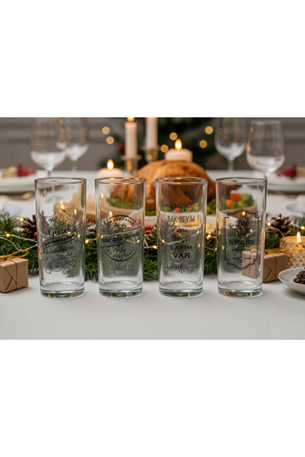 4-Piece Raki Glasses - Muhabbet Series with Printed Quotes