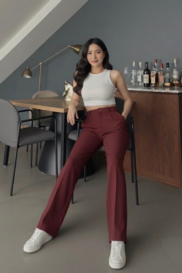 Women's Burgundy High Waist Stretch Fabric Palazzo Pants Original Cut