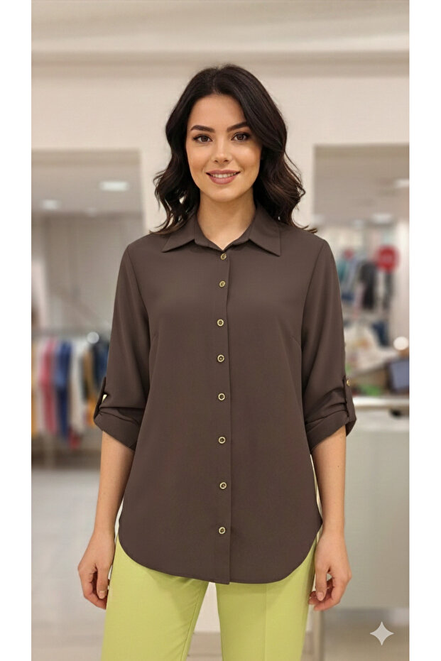 Katlamalı Kollu Basic Krep Gömlek - 1