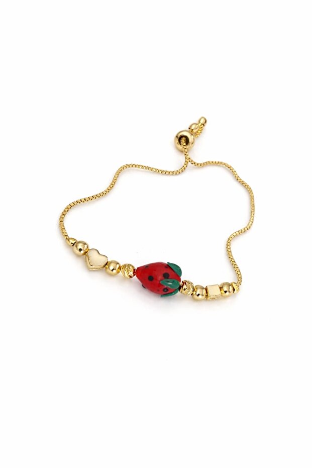 Handmade Glass Beaded Strawberry Gold Look Adjustable Length Charm Bracelet