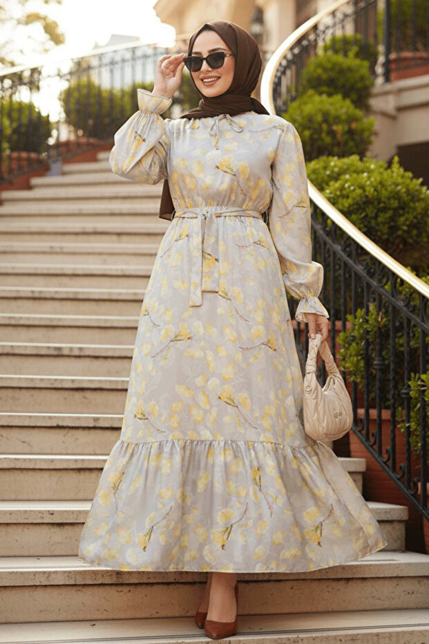 Floral Patterned Mustard Hijab Dress 60901HR