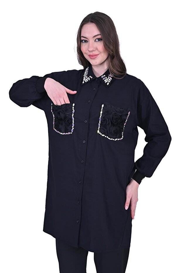 7004 Işlemeli Siyah Gömlek - 1
