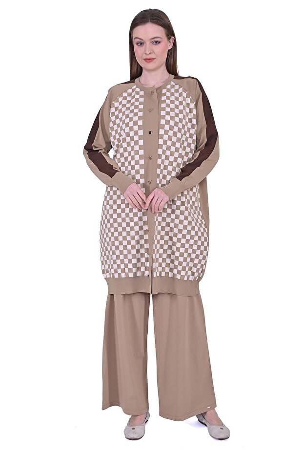 Damalı Triko Hırka CAMEL - 2