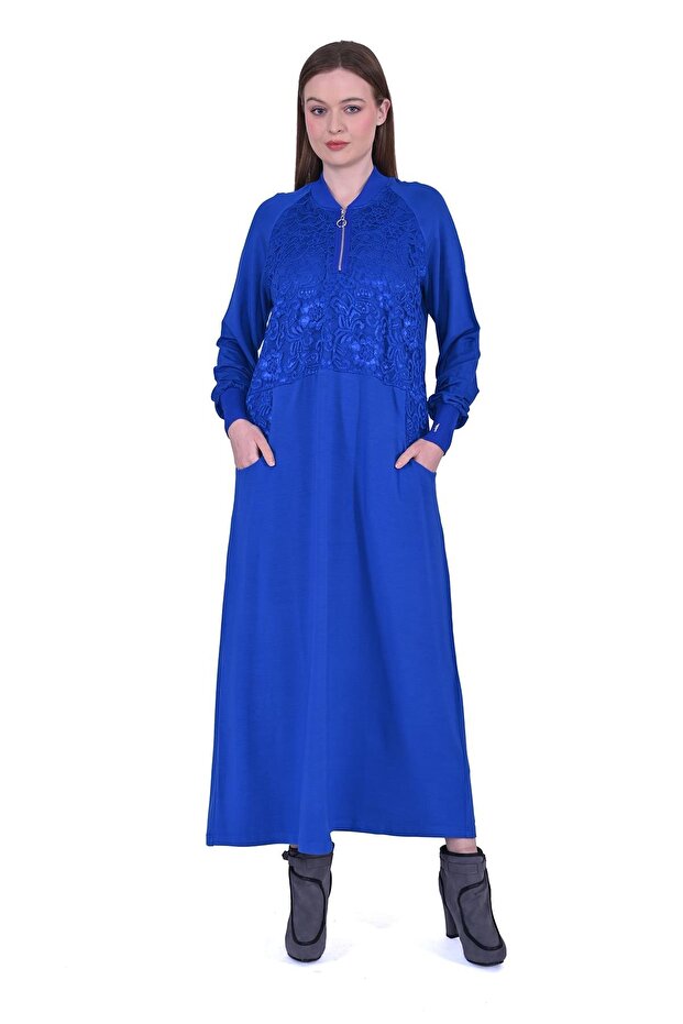 Two Thread Dress with Lace Detail - Sax