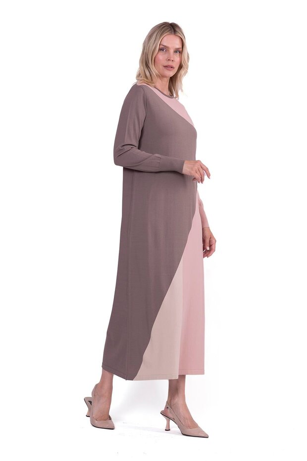 Gometrik Triko Elbise VİZON - 3