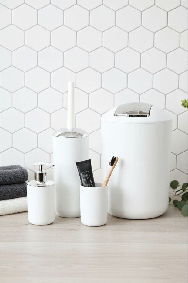 4-Piece White, Bathroom Accessory Set, Trash Can Set - Brazil Model