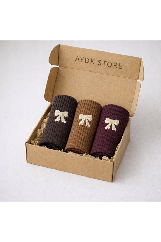 Colorful Cute 3 Pair Socks Set with Ribbon Embroidery Box, Summer, Winter, Casual, Daily Socks Set