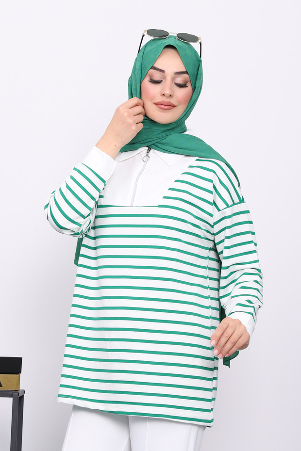 Green Collar Zippered Striped Two Thread Sweatshirt