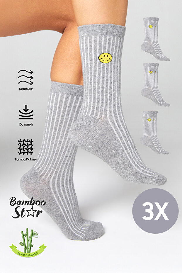 Women's Gray Socket Stitch-Free Smile Patterned Socks 3-Pack Non-Squeezing Socks / Does Not Leave Marks