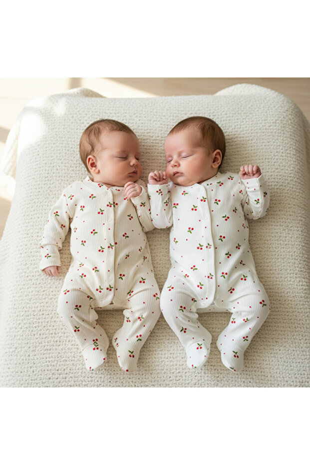 Organic Baby Girl and Boy Mini Cherry Patterned 2-Piece Cotton Jumpsuit with Booties Newborn 1-3-6 Months