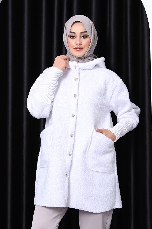 Ecru Hooded Boucle Coat