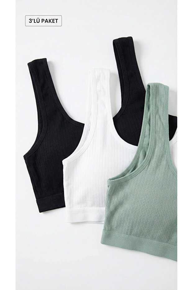 3-Piece Eco Pack Thick Strap Corded Fabric Bustier - Half Tank Top – Black + White + Green, Daily