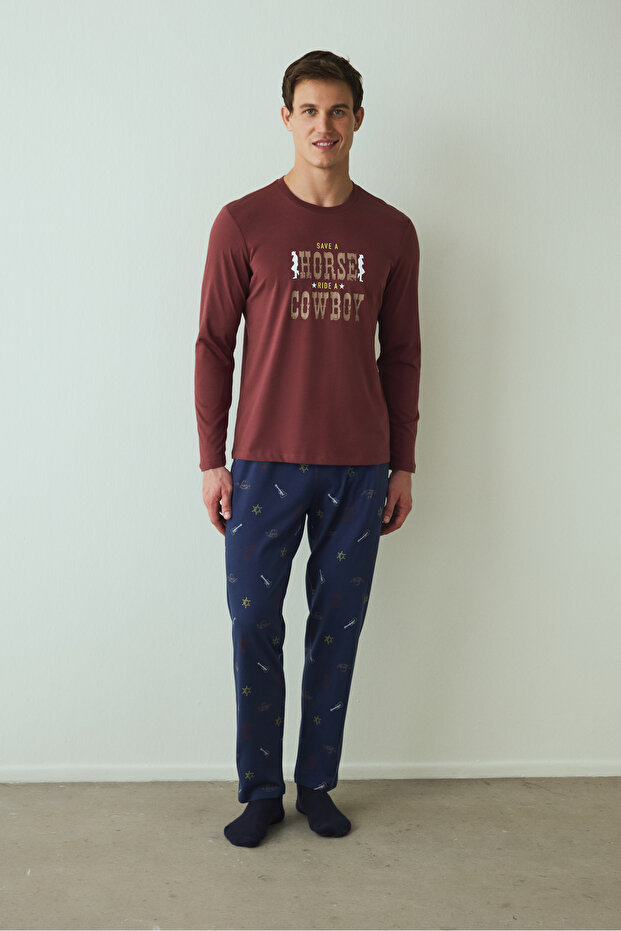 Men's Cowboy Slogan Printed Pajama Set