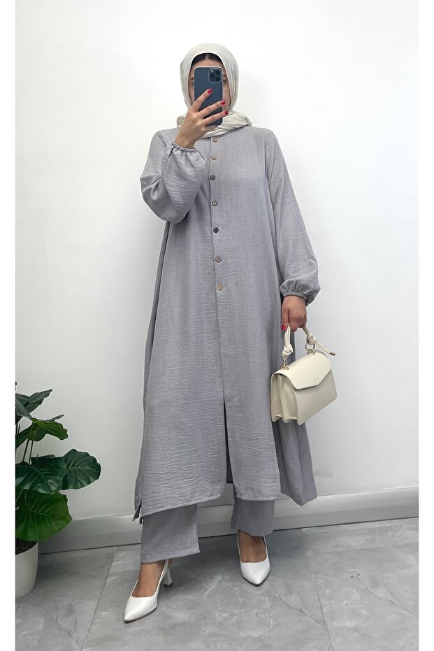 بدلة كتان بمظهر نصف زر - 1