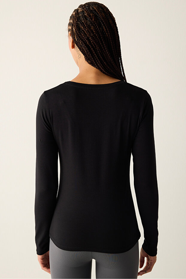 Pamuklu Siyah Basic Uzun Kol Üst - 4