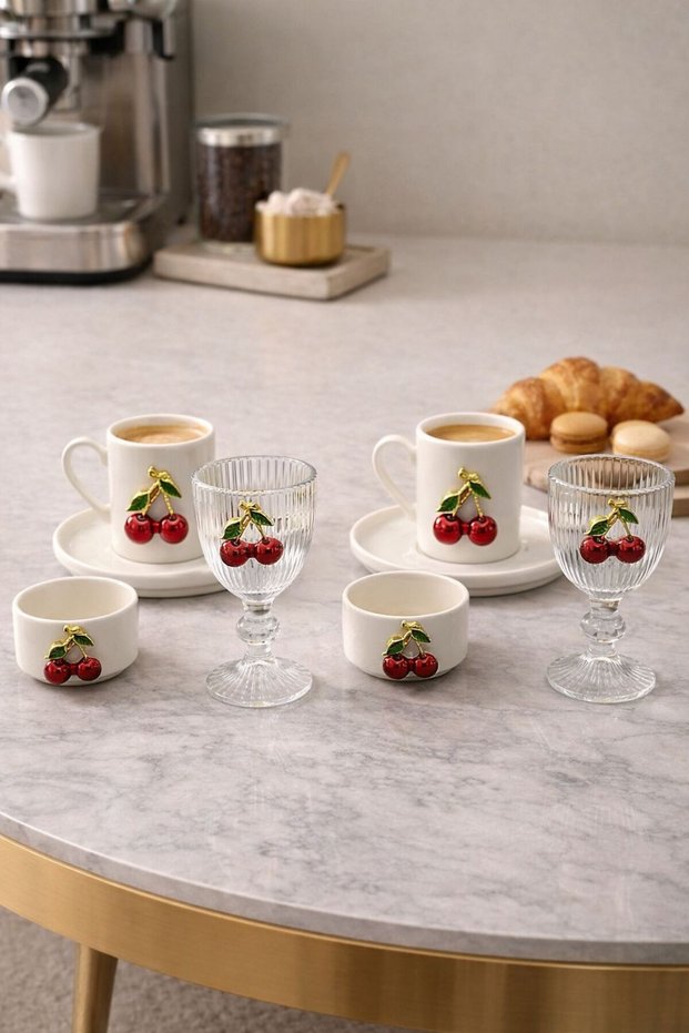 Porcelain Cherry Cup Set for 2 People and 2 item(s) Porcelain Cherry Turkish Delight Bowls and 2 Glass Cups