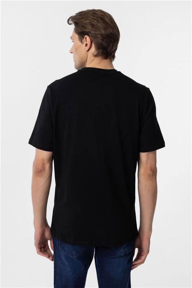 Siyah Regular Baskılı Bisiklet Yaka Tişört - 6