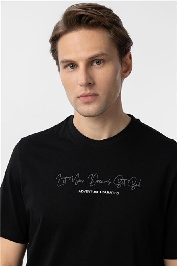 Siyah Regular Baskılı Bisiklet Yaka Tişört - 5