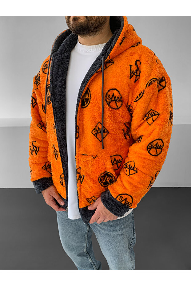 Turuncu Çift Taraflı Kalın Peluş Mont - 5