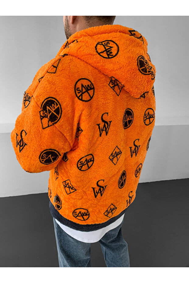 Turuncu Çift Taraflı Kalın Peluş Mont - 2